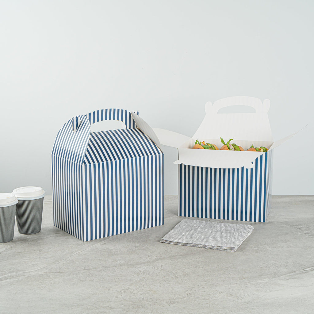 Bio Tek Blue and White Stripe Paper Gable Box / Take Out Container - Compostable - 10" x 7" x 8" - 100 count box