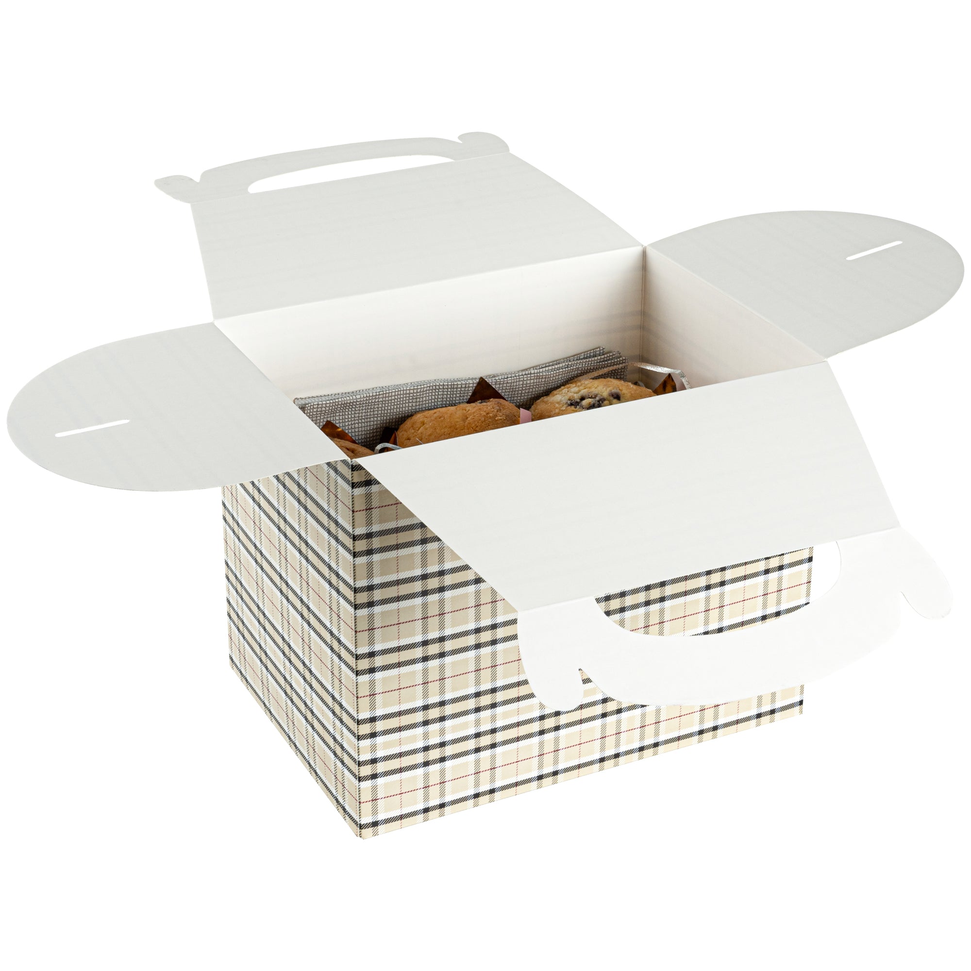 Bio Tek Plaid Paper Gable Box / Take Out Container - Compostable - 10" x 7" x 8" - 25 count box