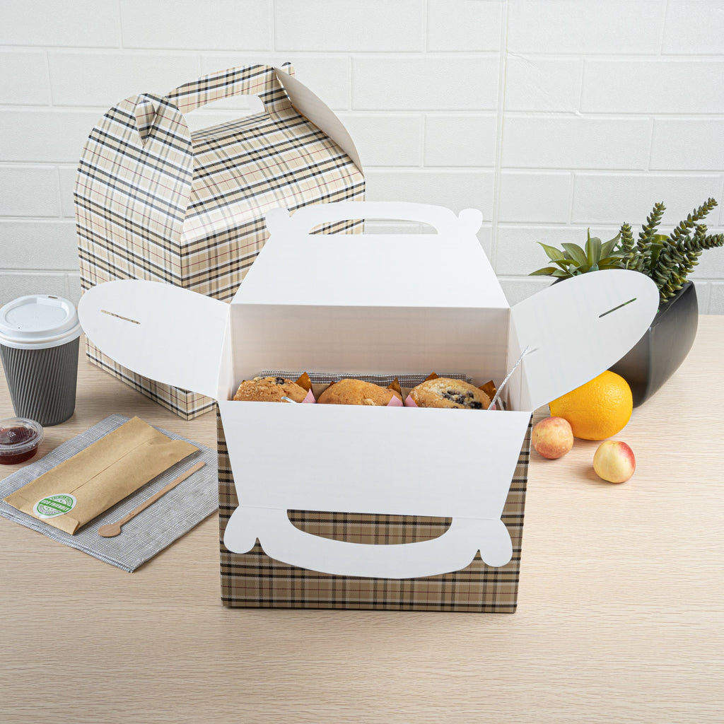 Bio Tek Plaid Paper Gable Box / Take Out Container - Compostable - 10" x 7" x 8" - 25 count box