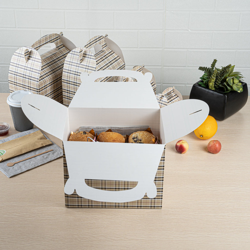 Bio Tek Plaid Paper Gable Box / Take Out Container - Compostable - 10" x 7" x 8" - 25 count box