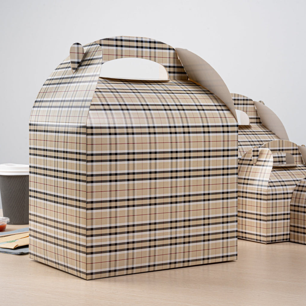 Bio Tek Plaid Paper Gable Box / Take Out Container - Compostable - 10" x 7" x 8" - 100 count box