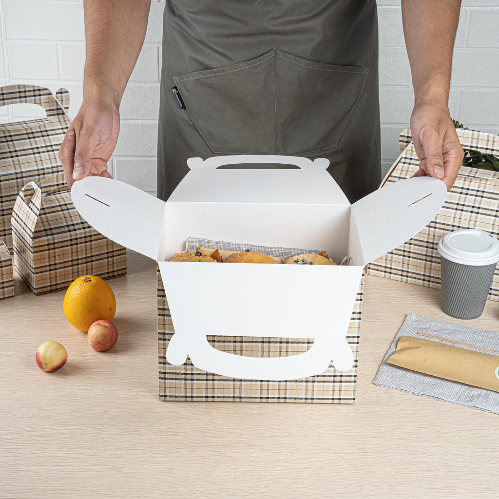 Bio Tek Plaid Paper Gable Box / Take Out Container - Compostable - 10" x 7" x 8" - 100 count box