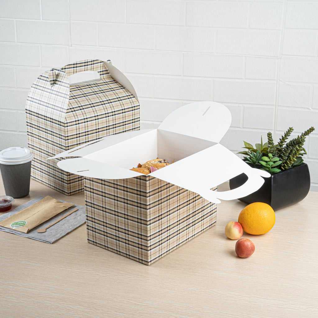 Bio Tek Plaid Paper Gable Box / Take Out Container - Compostable - 10" x 7" x 8" - 100 count box