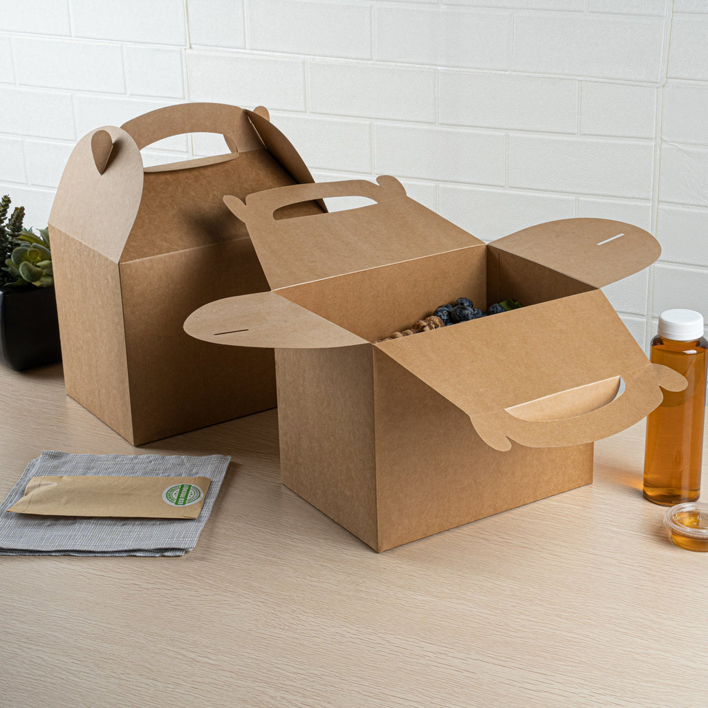 Bio Tek Kraft Paper Gable Box / Take Out Container - Greaseproof - 10" x 7" x 8" - 100 count box