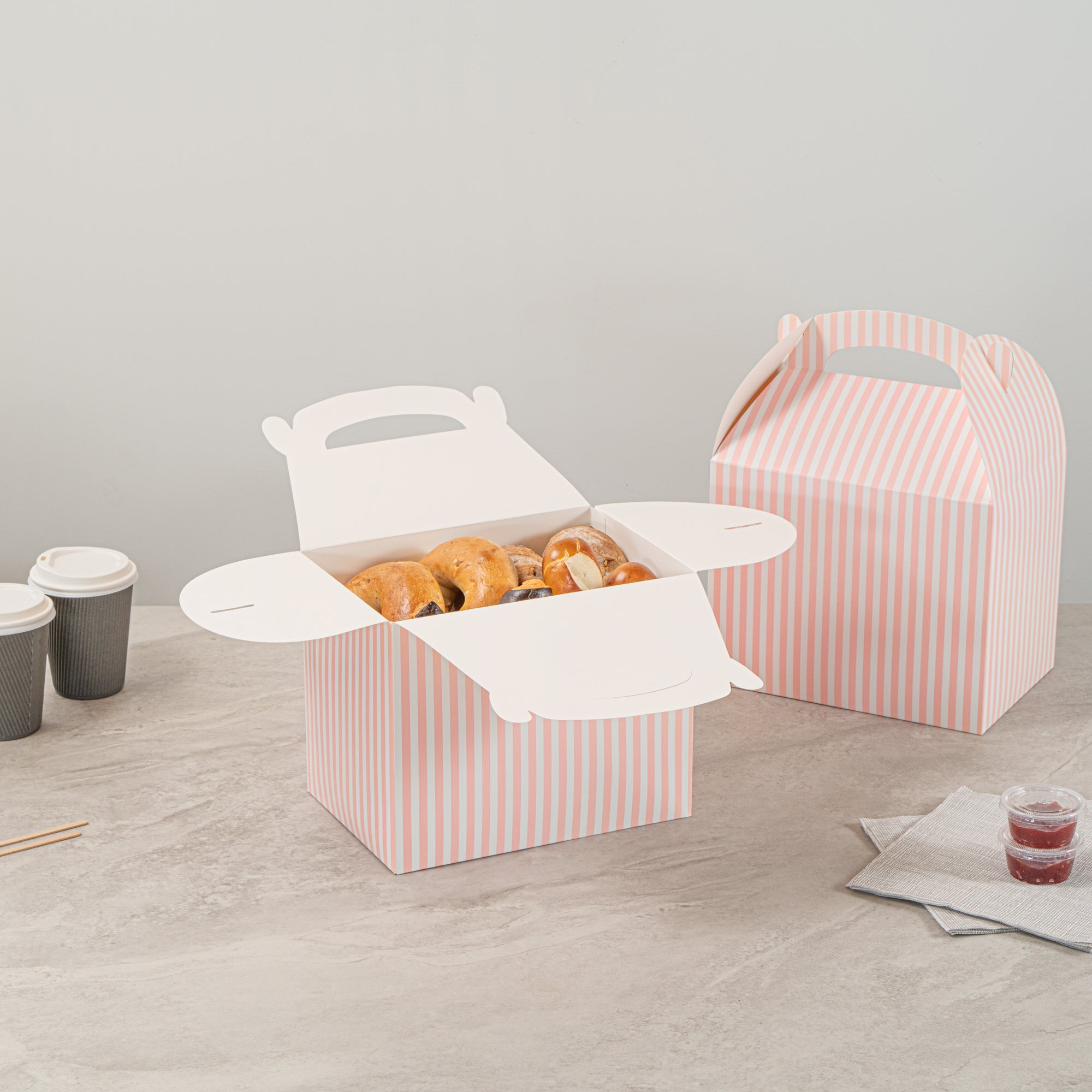 Bio Tek Pink and White Stripe Paper Gable Box / Take Out Container - Compostable - 10" x 7" x 8" - 25 count box