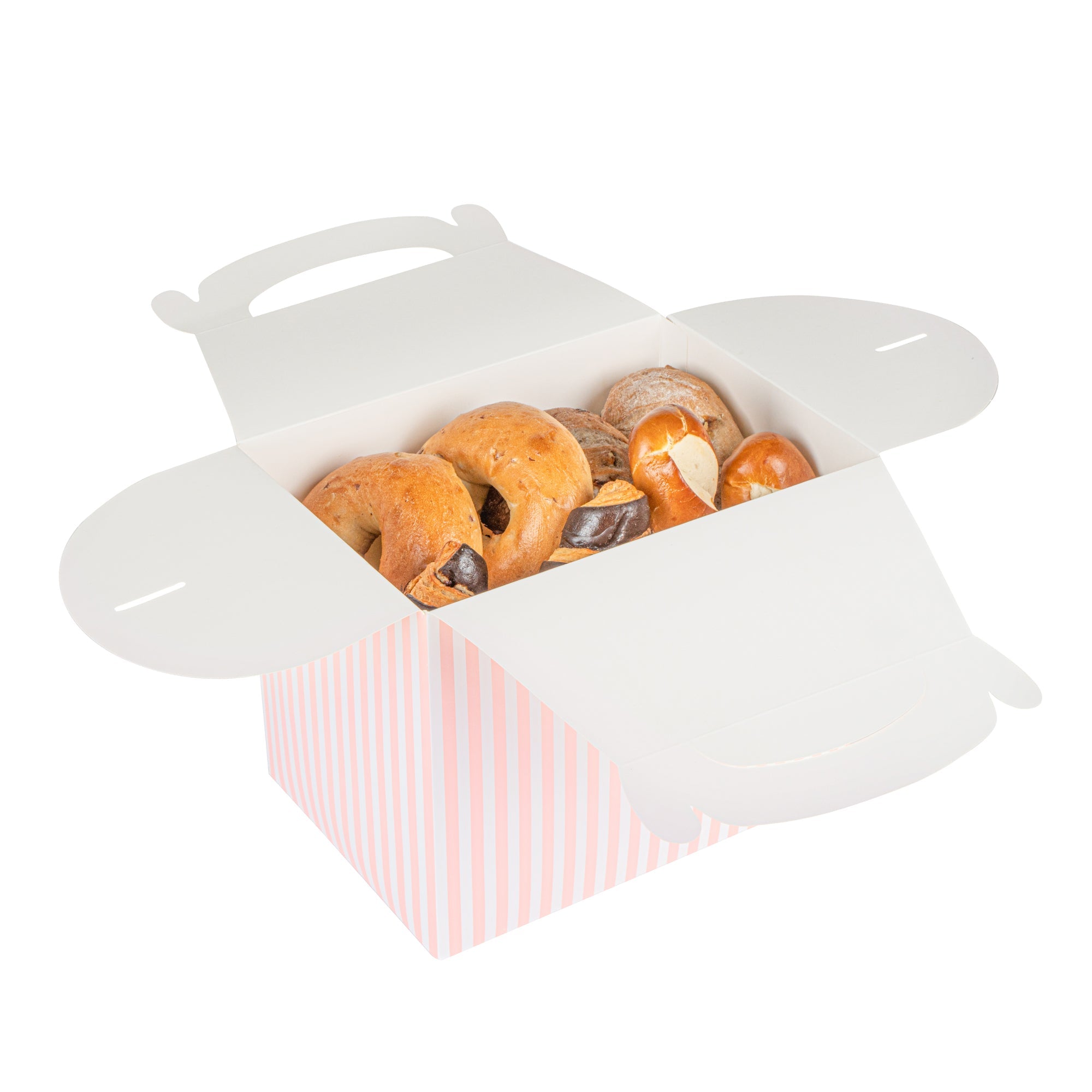 Bio Tek Pink and White Stripe Paper Gable Box / Take Out Container - Compostable - 10" x 7" x 8" - 25 count box