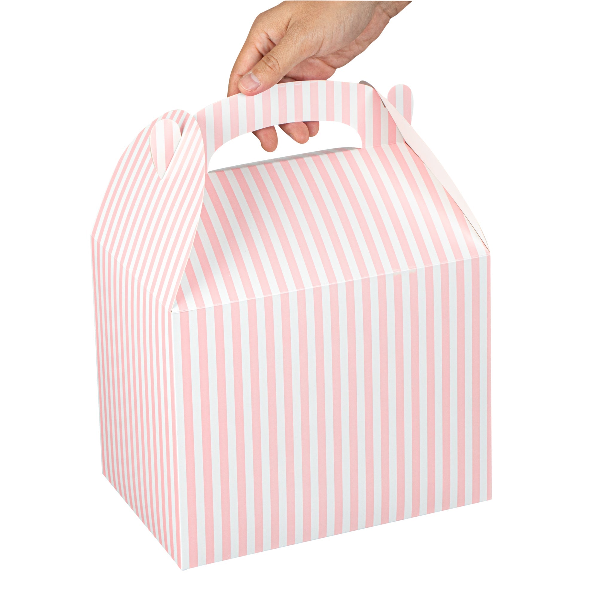 Bio Tek Pink and White Stripe Paper Gable Box / Take Out Container - Compostable - 10" x 7" x 8" - 100 count box
