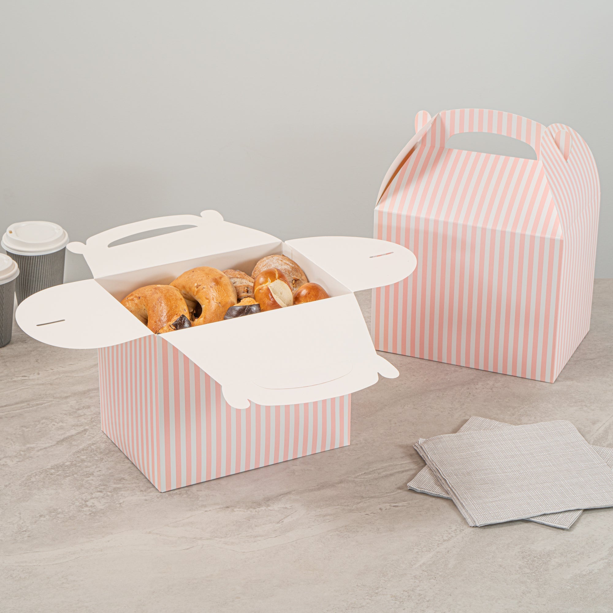Bio Tek Pink and White Stripe Paper Gable Box / Take Out Container - Compostable - 10" x 7" x 8" - 100 count box