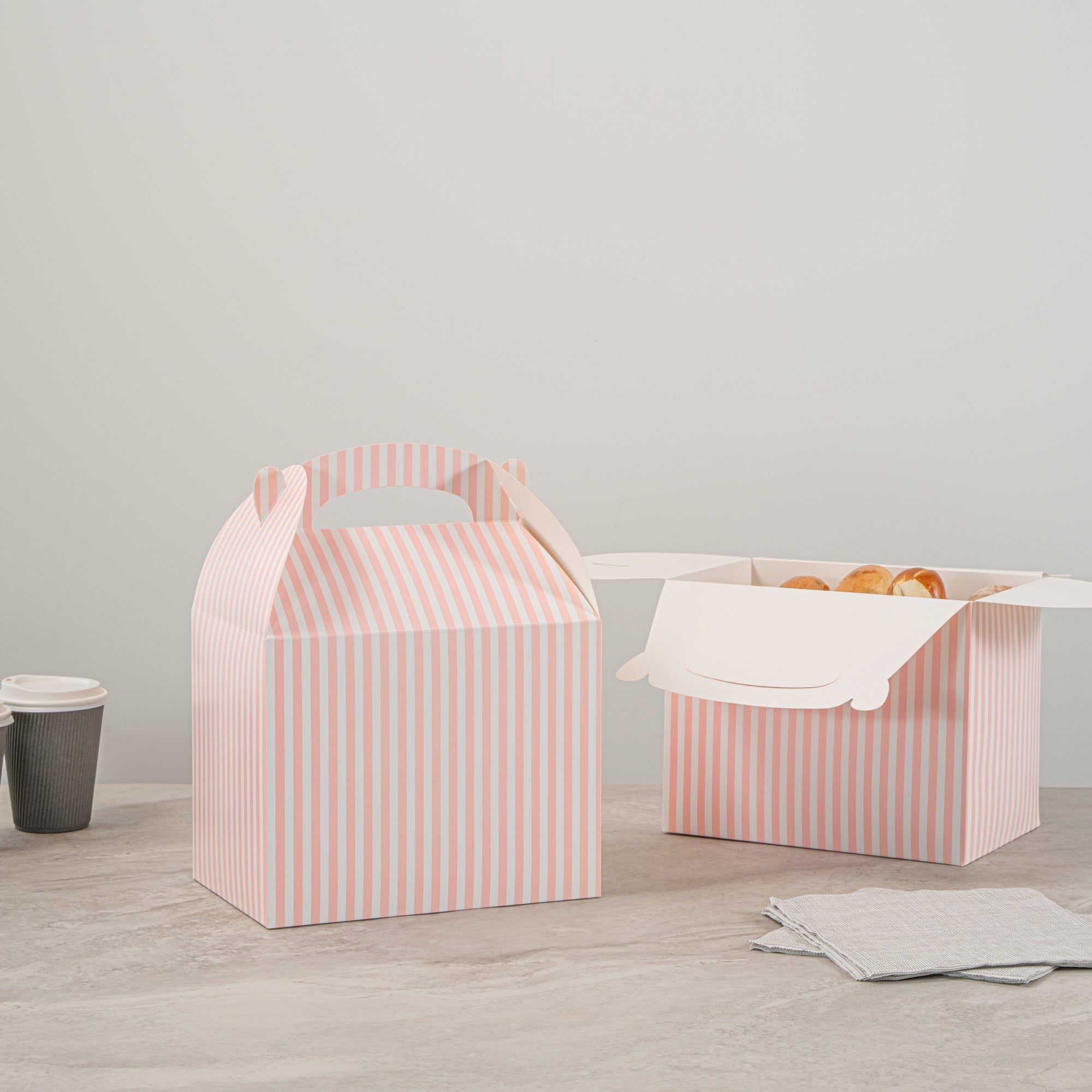 Bio Tek Pink and White Stripe Paper Gable Box / Take Out Container - Compostable - 10" x 7" x 8" - 100 count box