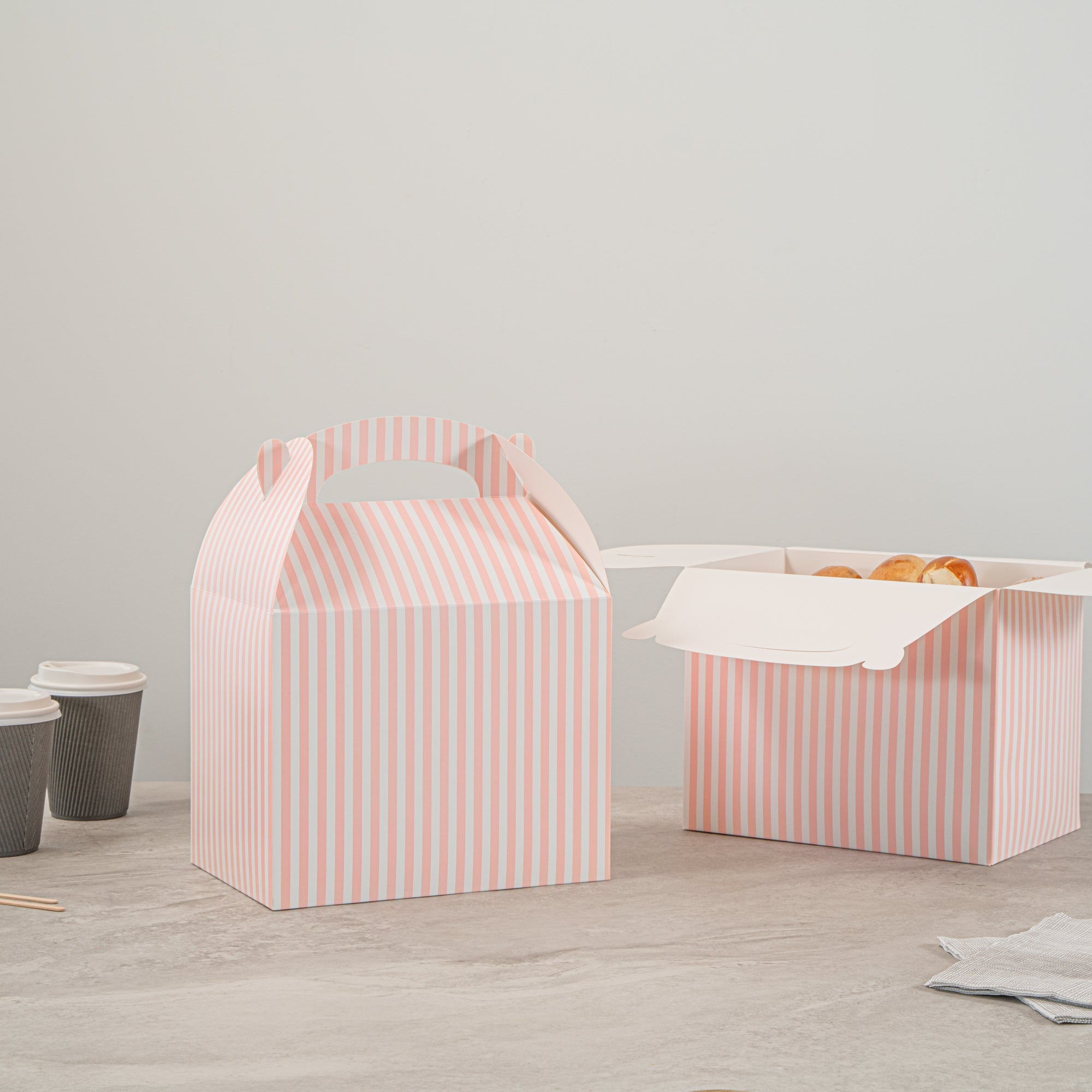 Bio Tek Pink and White Stripe Paper Gable Box / Take Out Container - Compostable - 10" x 7" x 8" - 100 count box