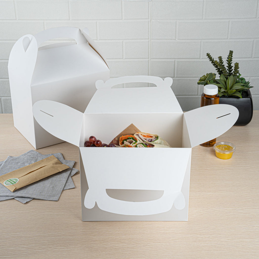 Bio Tek White Paper Gable Box / Take Out Container - Greaseproof - 10" x 7" x 8" - 25 count box