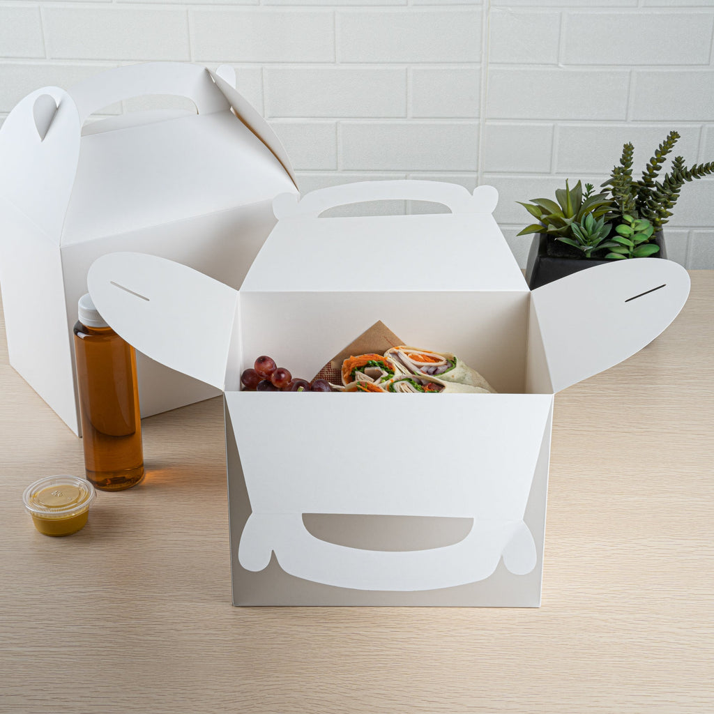 Bio Tek White Paper Gable Box / Take Out Container - Greaseproof - 10" x 7" x 8" - 25 count box