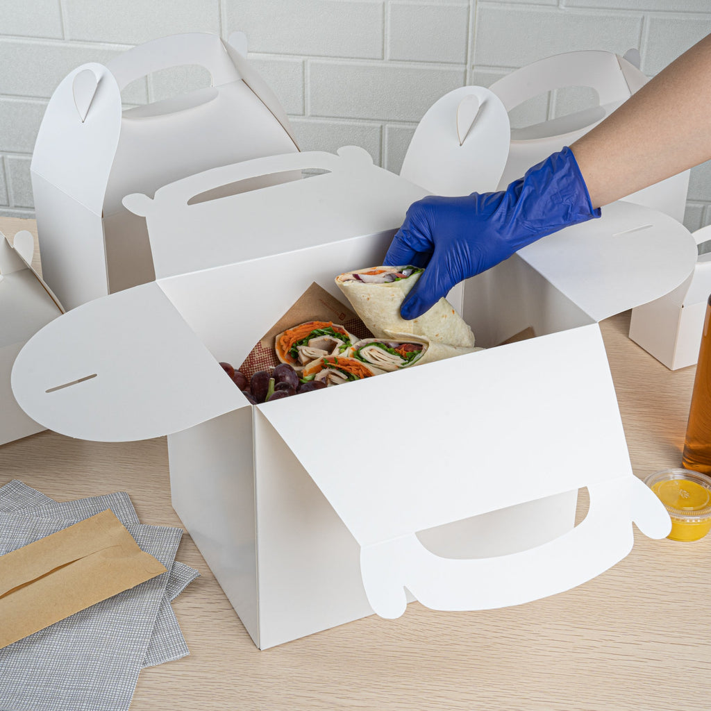 Bio Tek White Paper Gable Box / Take Out Container - Greaseproof - 10" x 7" x 8" - 100 count box