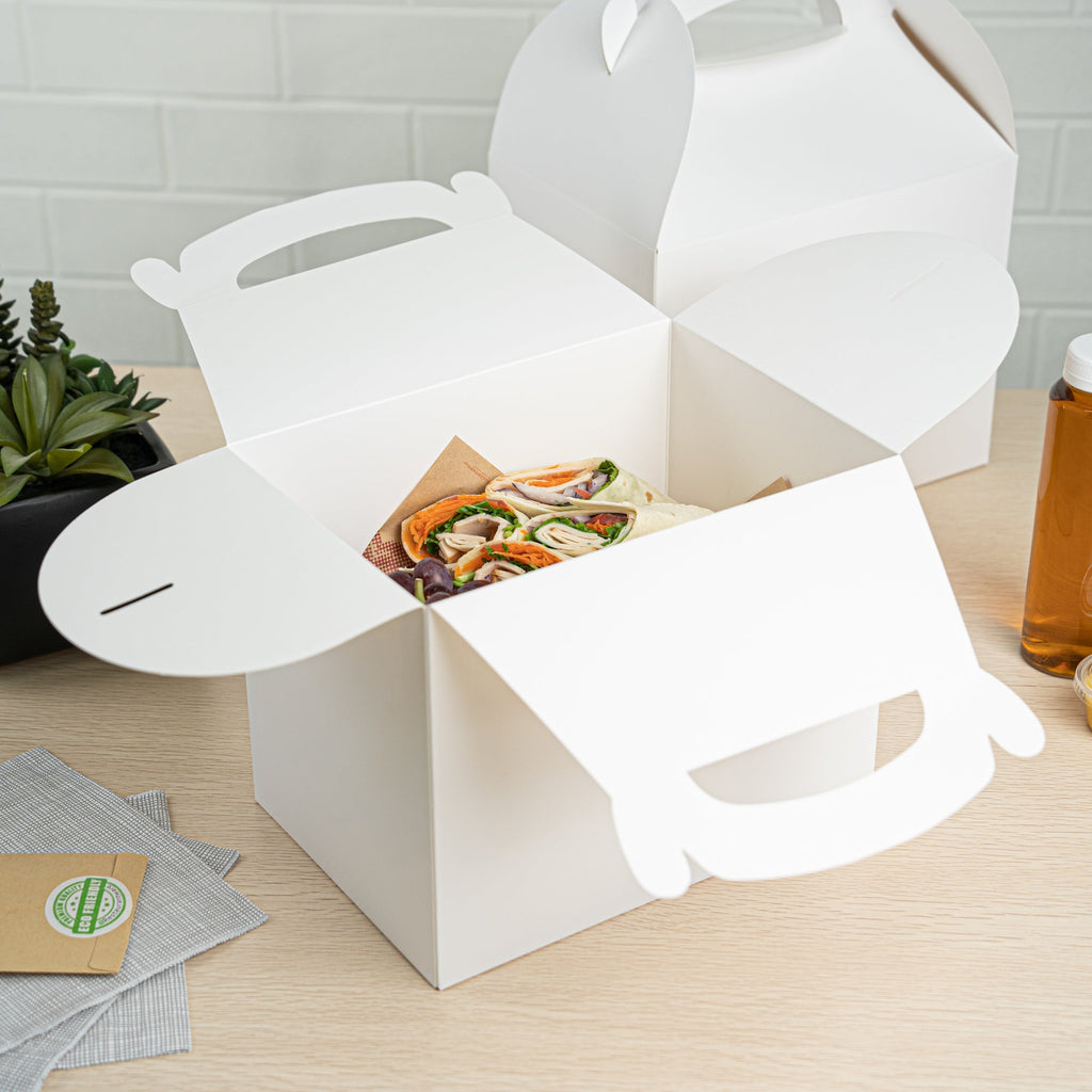 Bio Tek White Paper Gable Box / Take Out Container - Greaseproof - 10" x 7" x 8" - 100 count box