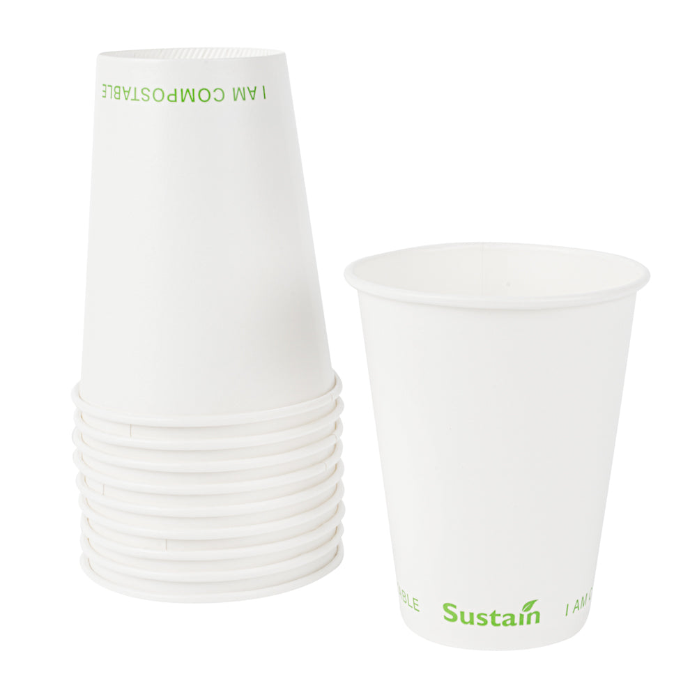 Sustain 12 oz White Paper Cold Cup - PLA Lining, Compostable - 3 1/2" x 3 1/2" x 4 1/4" - 50 count box