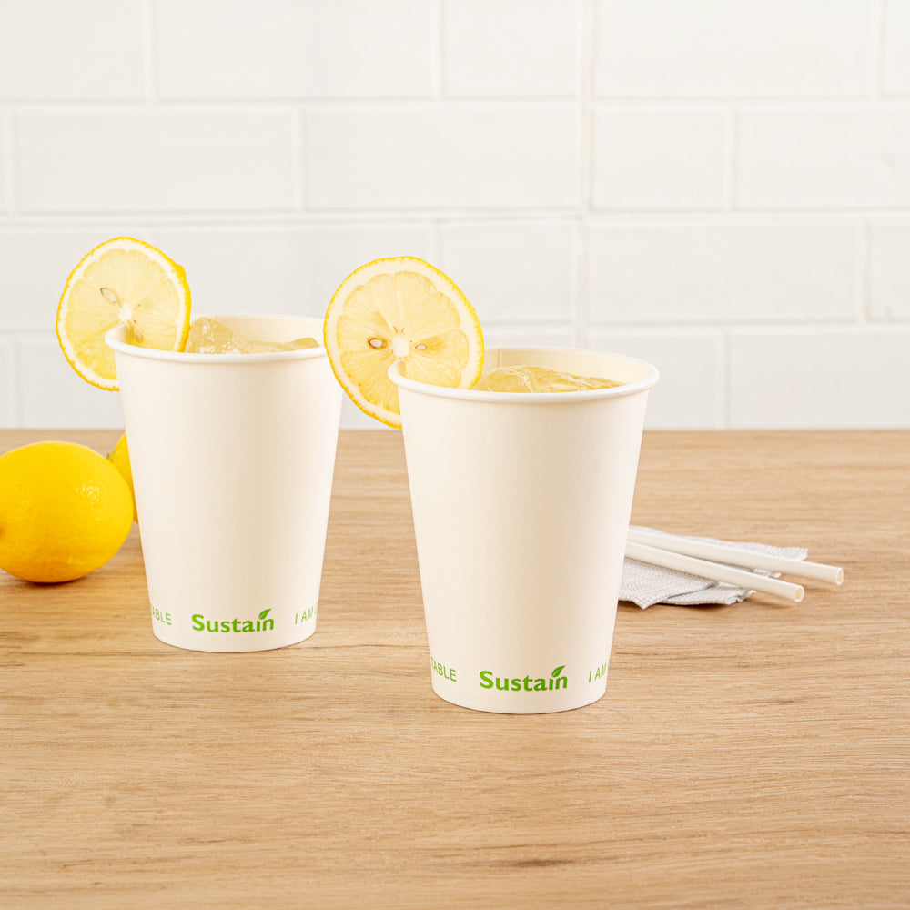 Sustain 12 oz White Paper Cold Cup - PLA Lining, Compostable - 3 1/2" x 3 1/2" x 4 1/4" - 50 count box