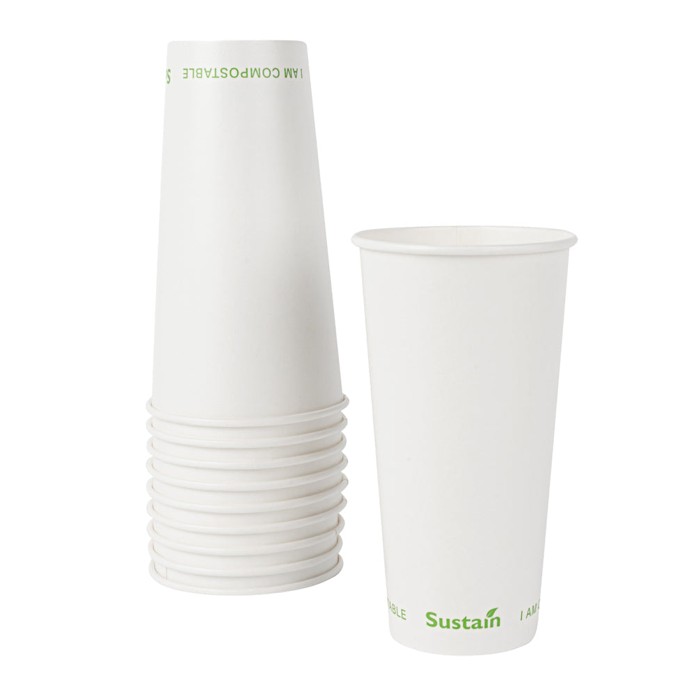 Sustain 20 oz White Paper Cold Cup - PLA Lining, Compostable - 3 1/2" x 3 1/2" x 6 1/4" - 50 count box