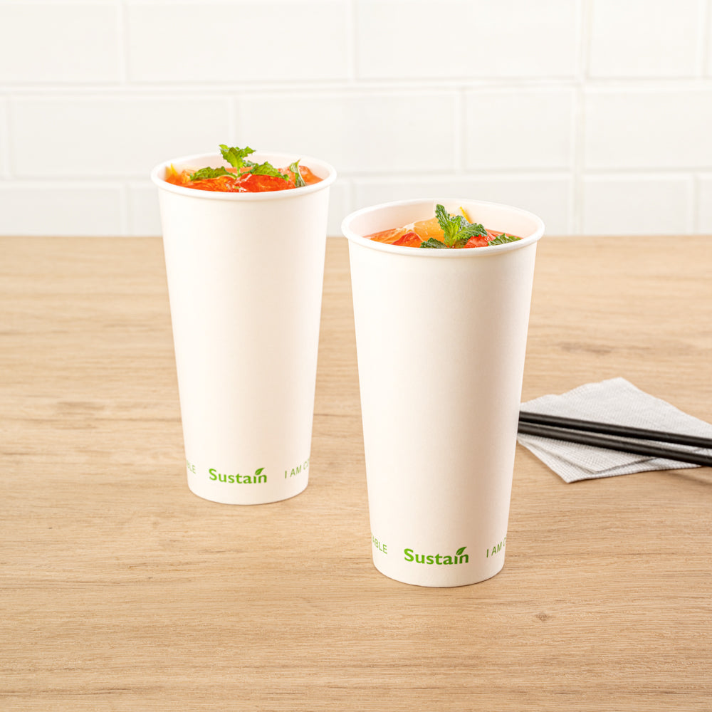Sustain 20 oz White Paper Cold Cup - PLA Lining, Compostable - 3 1/2" x 3 1/2" x 6 1/4" - 1000 count box