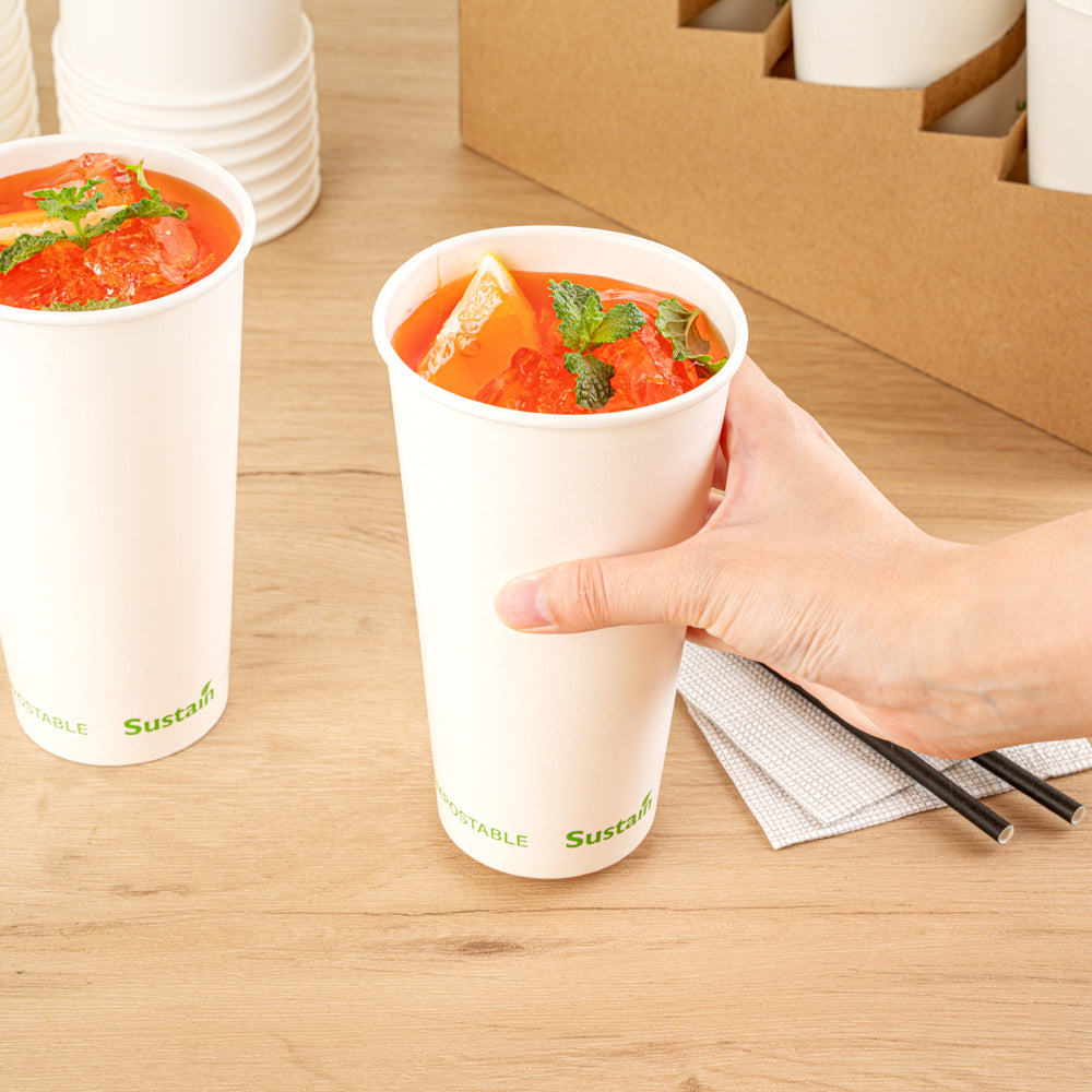 Sustain 20 oz White Paper Cold Cup - PLA Lining, Compostable - 3 1/2" x 3 1/2" x 6 1/4" - 1000 count box