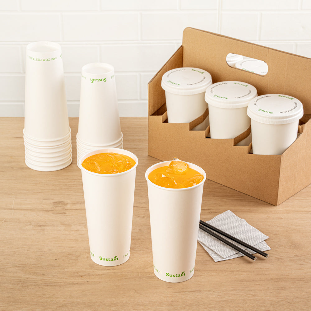 Sustain 22 oz White Paper Cold Cup - PLA Lining, Compostable - 3 1/2" x 3 1/2" x 6 3/4" - 50 count box