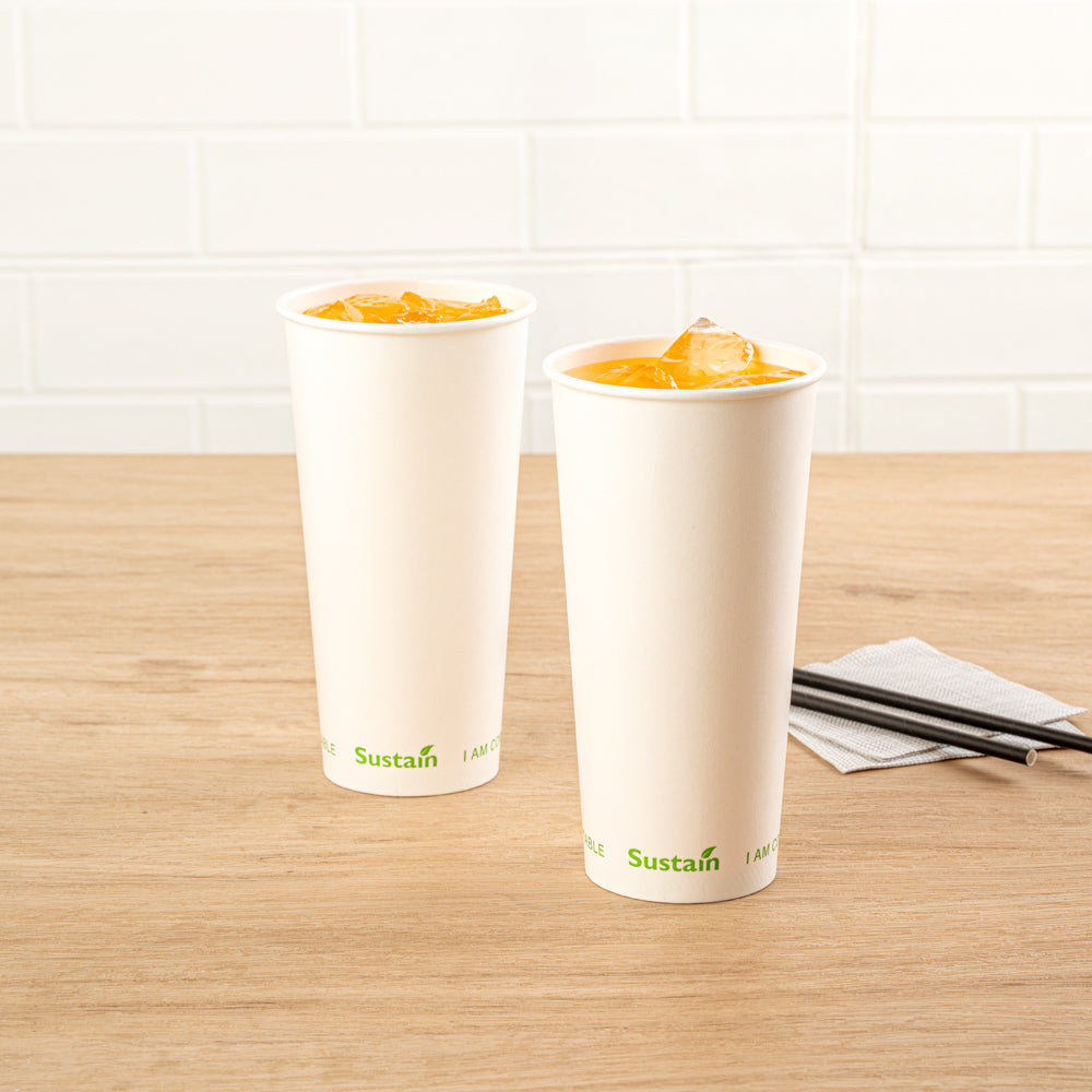 Sustain 22 oz White Paper Cold Cup - PLA Lining, Compostable - 3 1/2" x 3 1/2" x 6 3/4" - 1000 count box