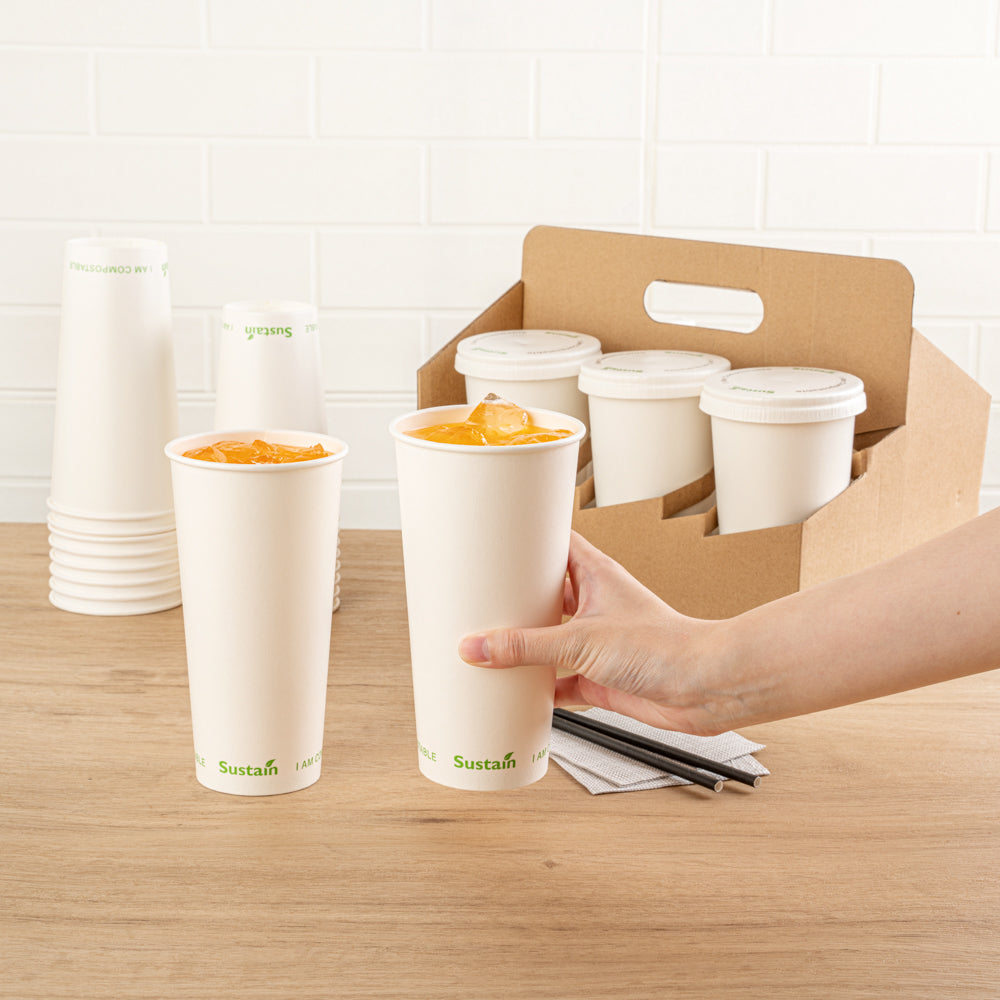 Sustain 22 oz White Paper Cold Cup - PLA Lining, Compostable - 3 1/2" x 3 1/2" x 6 3/4" - 1000 count box