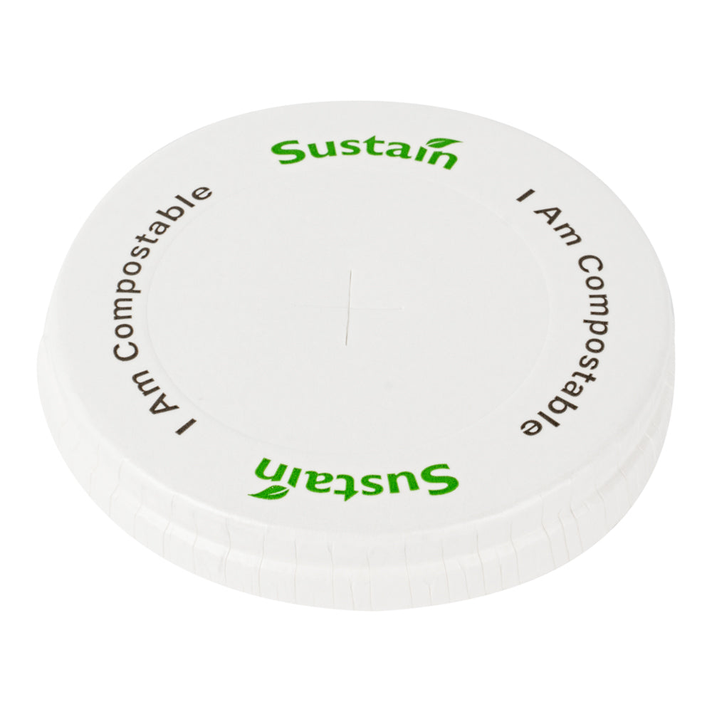 Sustain White Paper Cold Cup Flat Lid - Fits 9, 12, 16, 20 and 22 oz, PLA Lining, Compostable - 50 count box