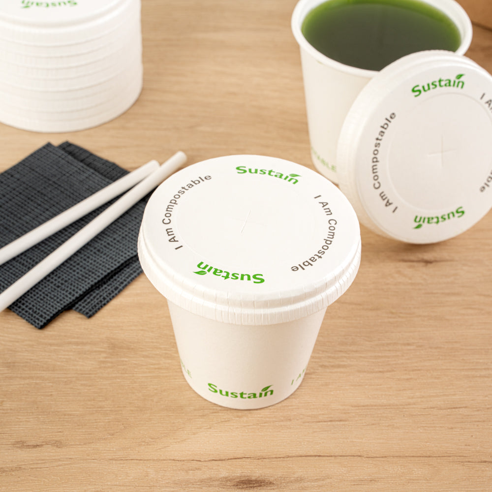 Sustain White Paper Cold Cup Flat Lid - Fits 9, 12, 16, 20 and 22 oz, PLA Lining, Compostable - 50 count box