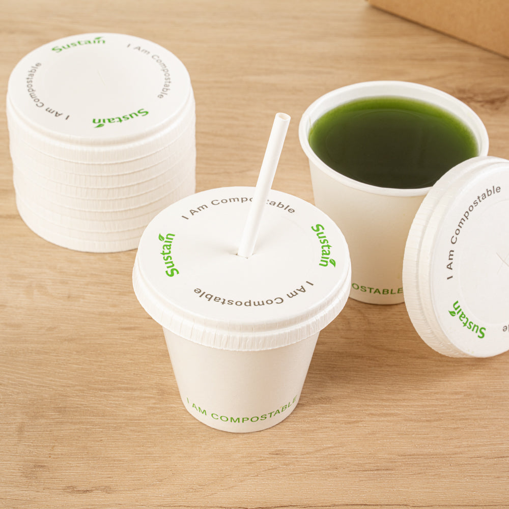 Sustain White Paper Cold Cup Flat Lid - Fits 9, 12, 16, 20 and 22 oz, PLA Lining, Compostable - 50 count box