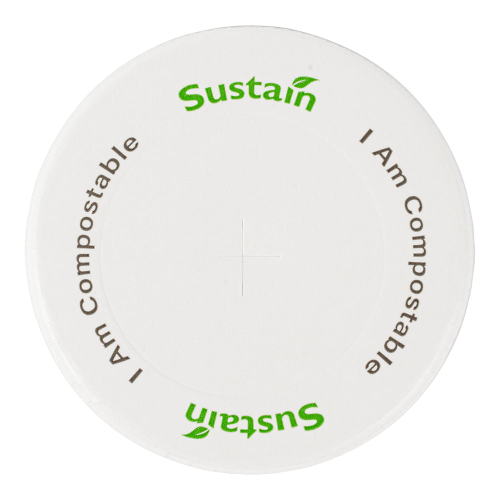 Sustain White Paper Cold Cup Flat Lid - Fits 9, 12, 16, 20 and 22 oz, PLA Lining, Compostable - 1000 count box