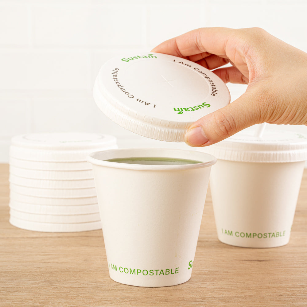 Sustain White Paper Cold Cup Flat Lid - Fits 9, 12, 16, 20 and 22 oz, PLA Lining, Compostable - 1000 count box