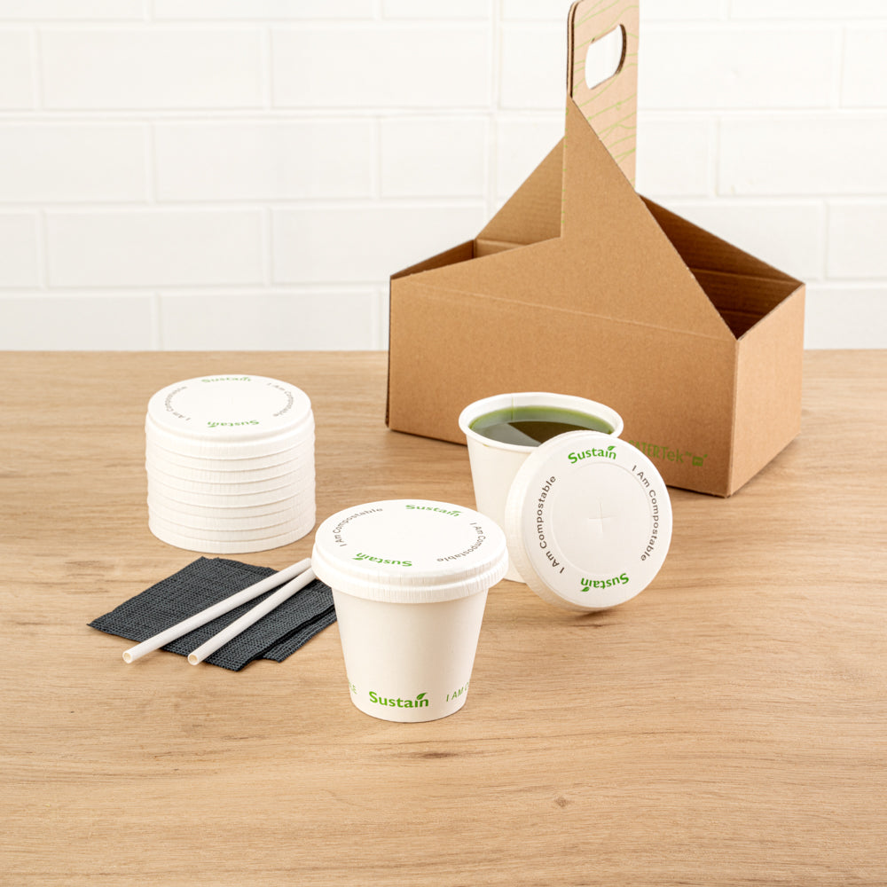 Sustain White Paper Cold Cup Flat Lid - Fits 9, 12, 16, 20 and 22 oz, PLA Lining, Compostable - 1000 count box