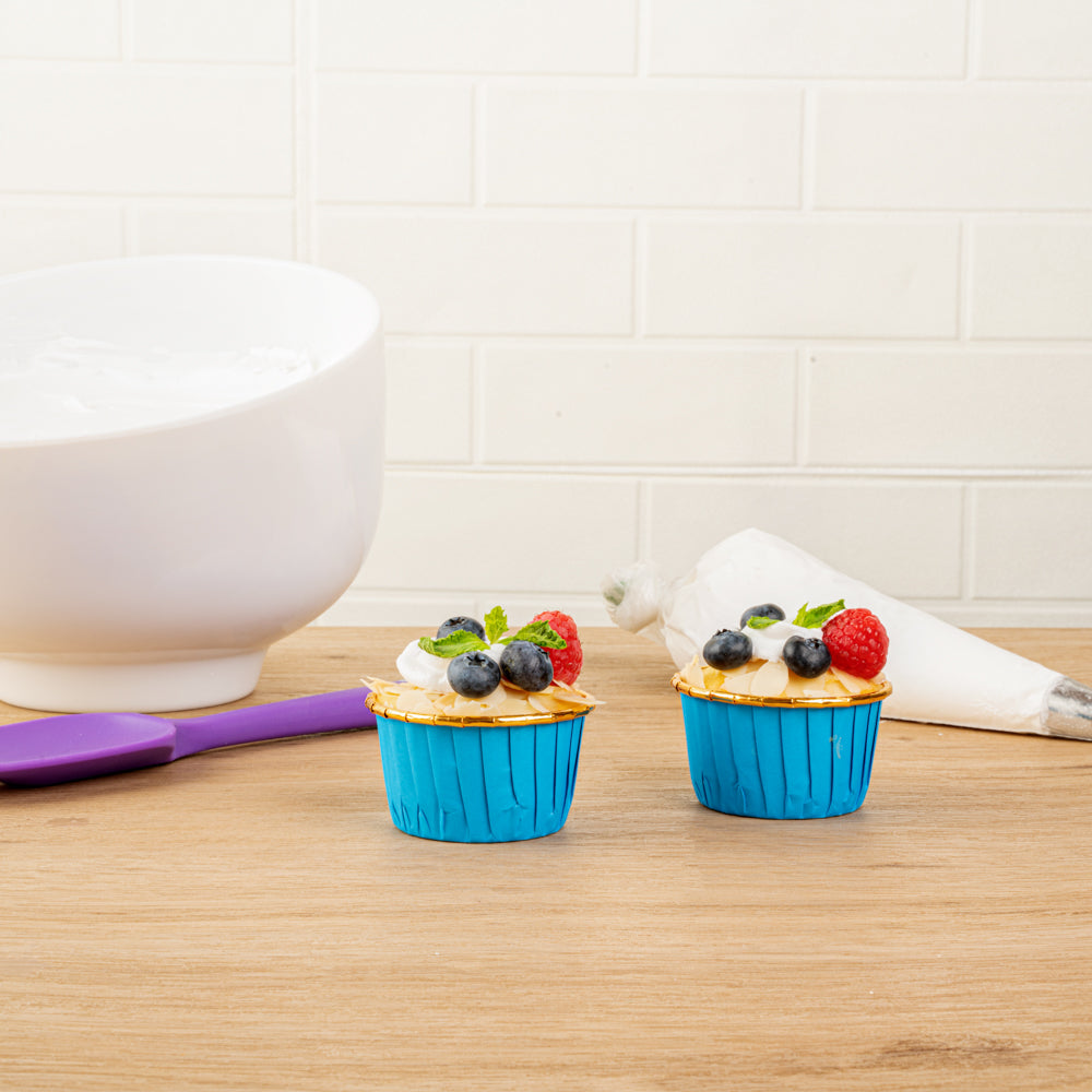 Panificio 3.5 oz Round Blue Foil Paper Baking Cup - Lids Available - 2 3/4" x 2 3/4" x 1 1/2" - 50 count box