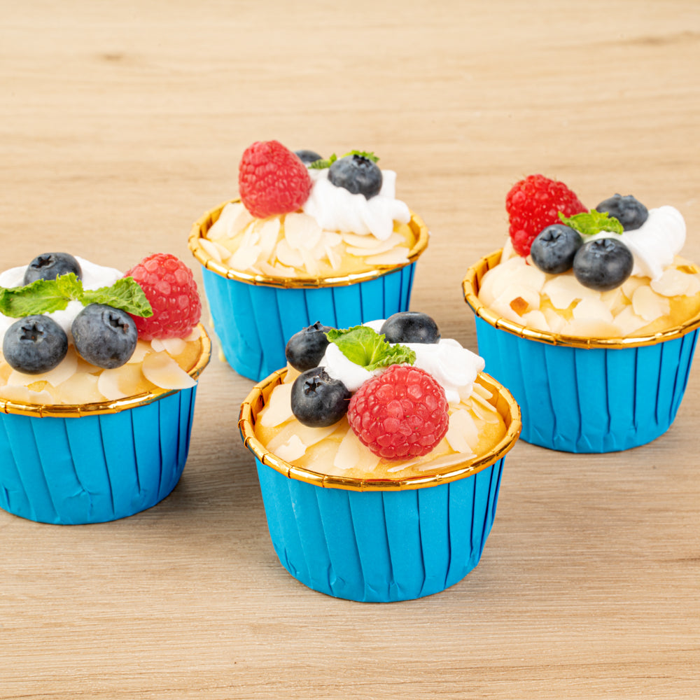 Panificio 3.5 oz Round Blue Foil Paper Baking Cup - Lids Available - 2 3/4" x 2 3/4" x 1 1/2" - 500 count box