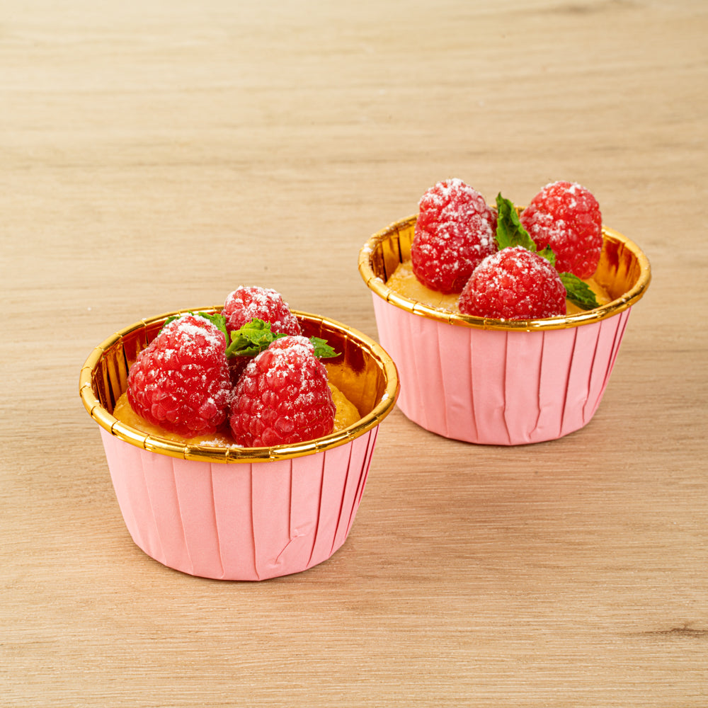Panificio 3.5 oz Round Pink Foil Paper Baking Cup - Lids Available - 2 3/4" x 2 3/4" x 1 1/2" - 500 count box