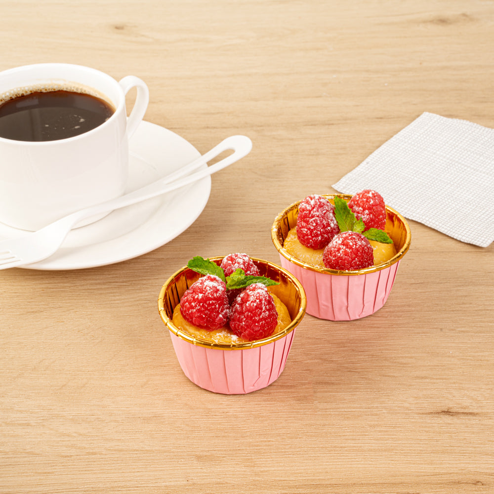Panificio 3.5 oz Round Pink Foil Paper Baking Cup - Lids Available - 2 3/4" x 2 3/4" x 1 1/2" - 50 count box