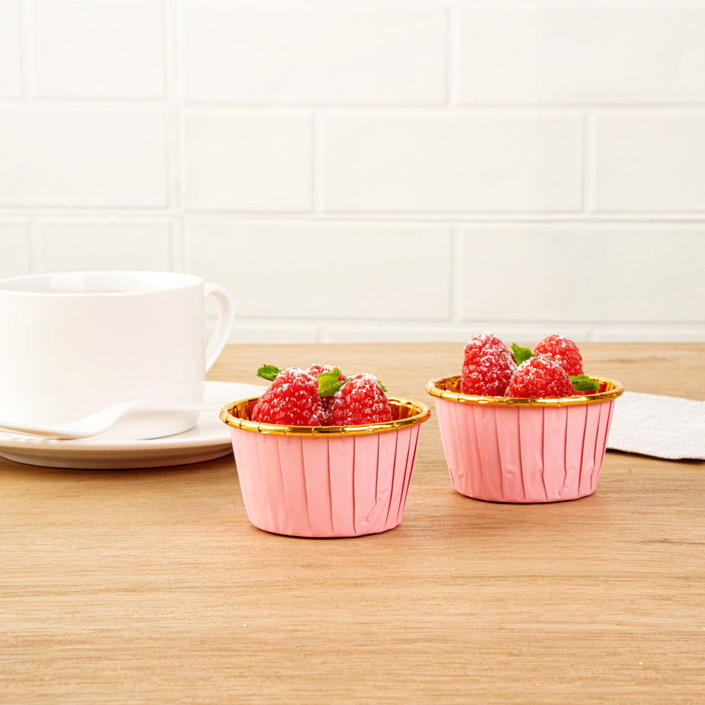Panificio 3.5 oz Round Pink Foil Paper Baking Cup - Lids Available - 2 3/4" x 2 3/4" x 1 1/2" - 50 count box