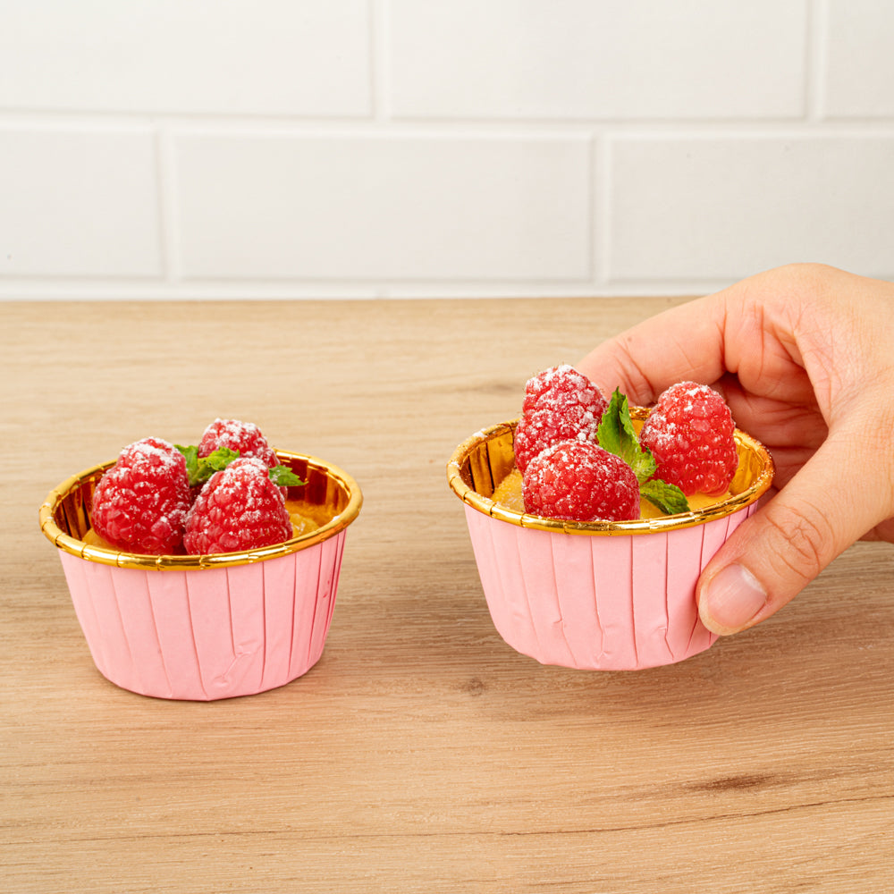 Panificio 3.5 oz Round Pink Foil Paper Baking Cup - Lids Available - 2 3/4" x 2 3/4" x 1 1/2" - 500 count box