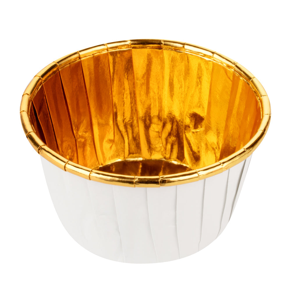 Panificio 3.5 oz Round White Foil Paper Baking Cup - Lids Available - 2 3/4" x 2 3/4" x 1 1/2" - 50 count box