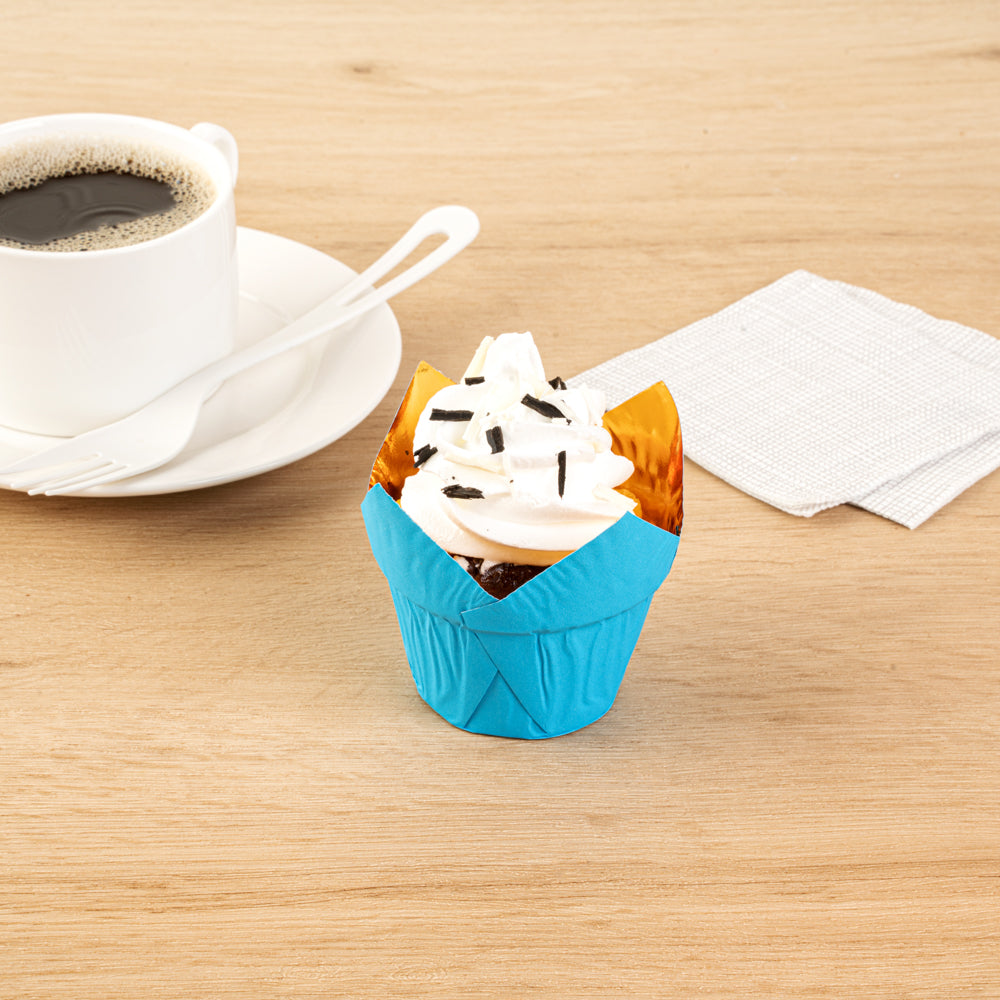 Panificio 3.9 oz Blue Foil Paper Tulip Baking Cup - 3 1/4" x 3 1/4" x 2 3/4" - 500 count box