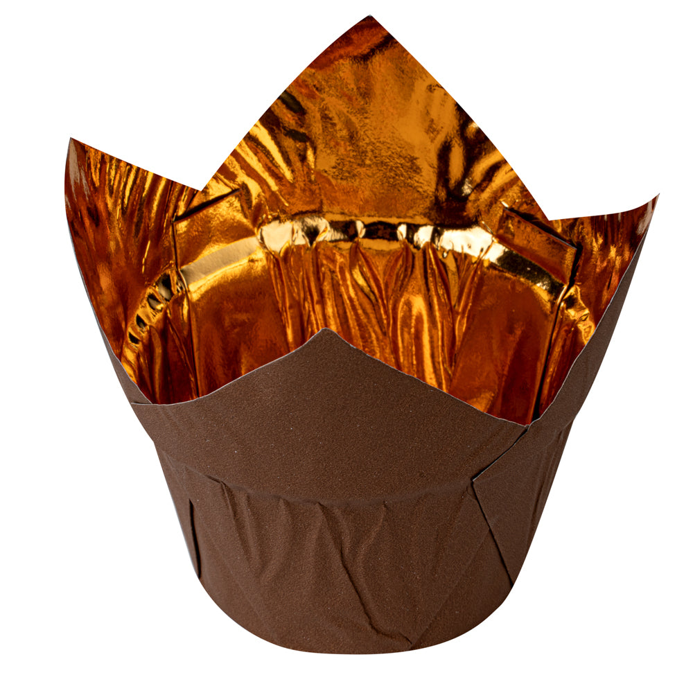 Panificio 3.9 oz Brown Foil Paper Tulip Baking Cup - 3 1/4" x 3 1/4" x 2 3/4" - 50 count box