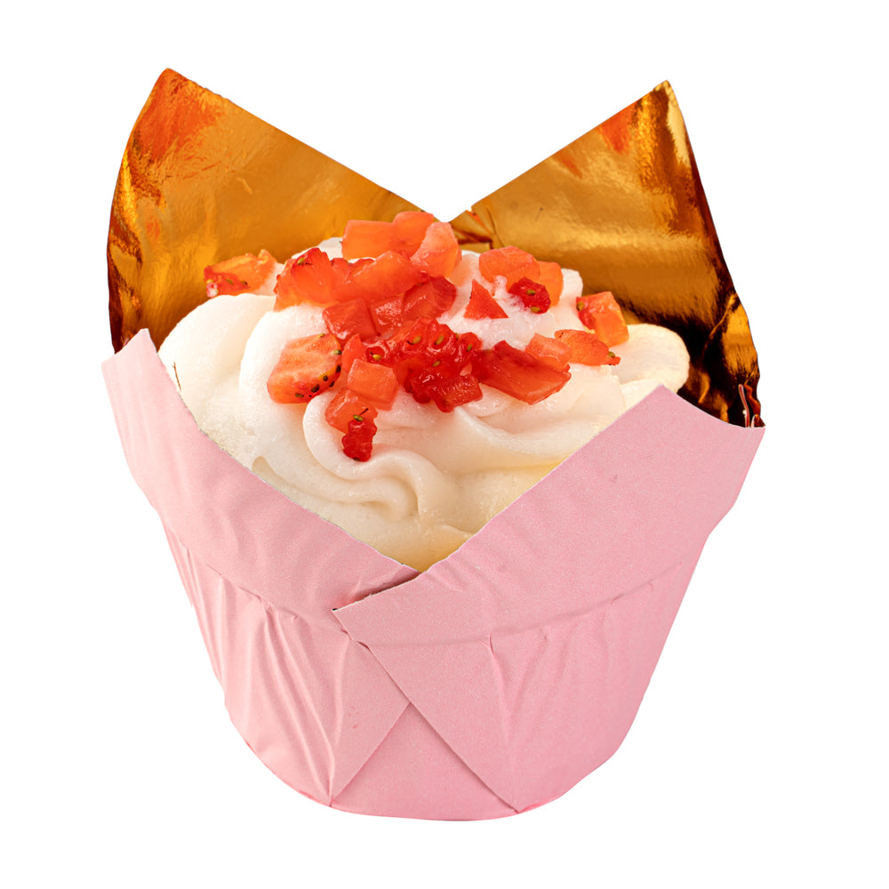 Panificio 3.9 oz Pink Foil Paper Tulip Baking Cup - 3 1/4" x 3 1/4" x 2 3/4" - 50 count box