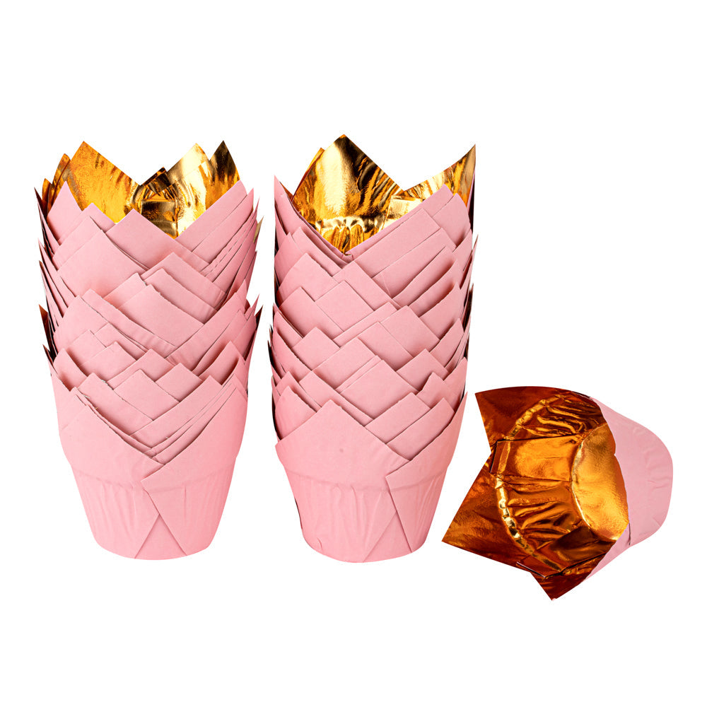 Panificio 3.9 oz Pink Foil Paper Tulip Baking Cup - 3 1/4" x 3 1/4" x 2 3/4" - 50 count box
