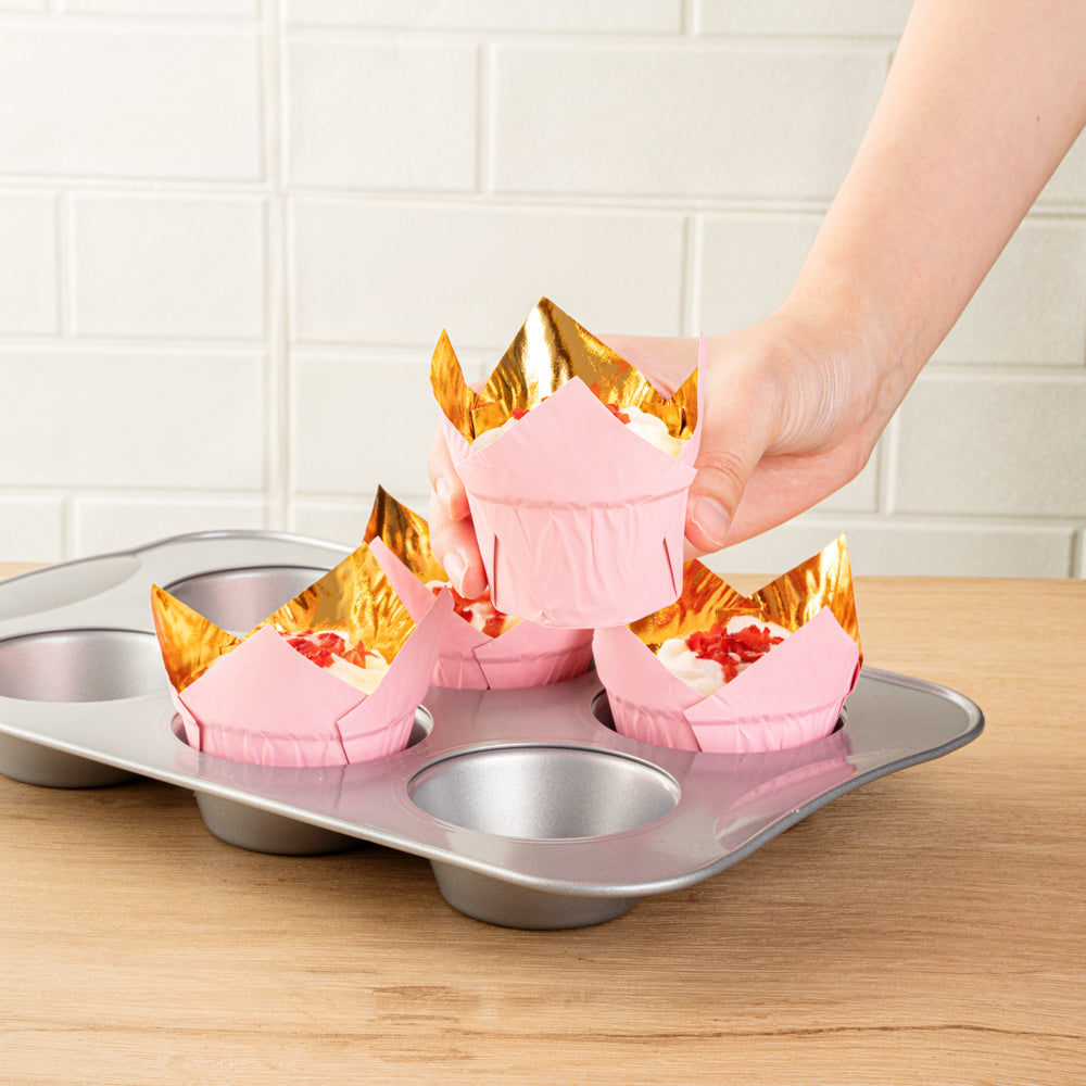 Panificio 3.9 oz Pink Foil Paper Tulip Baking Cup - 3 1/4" x 3 1/4" x 2 3/4" - 50 count box