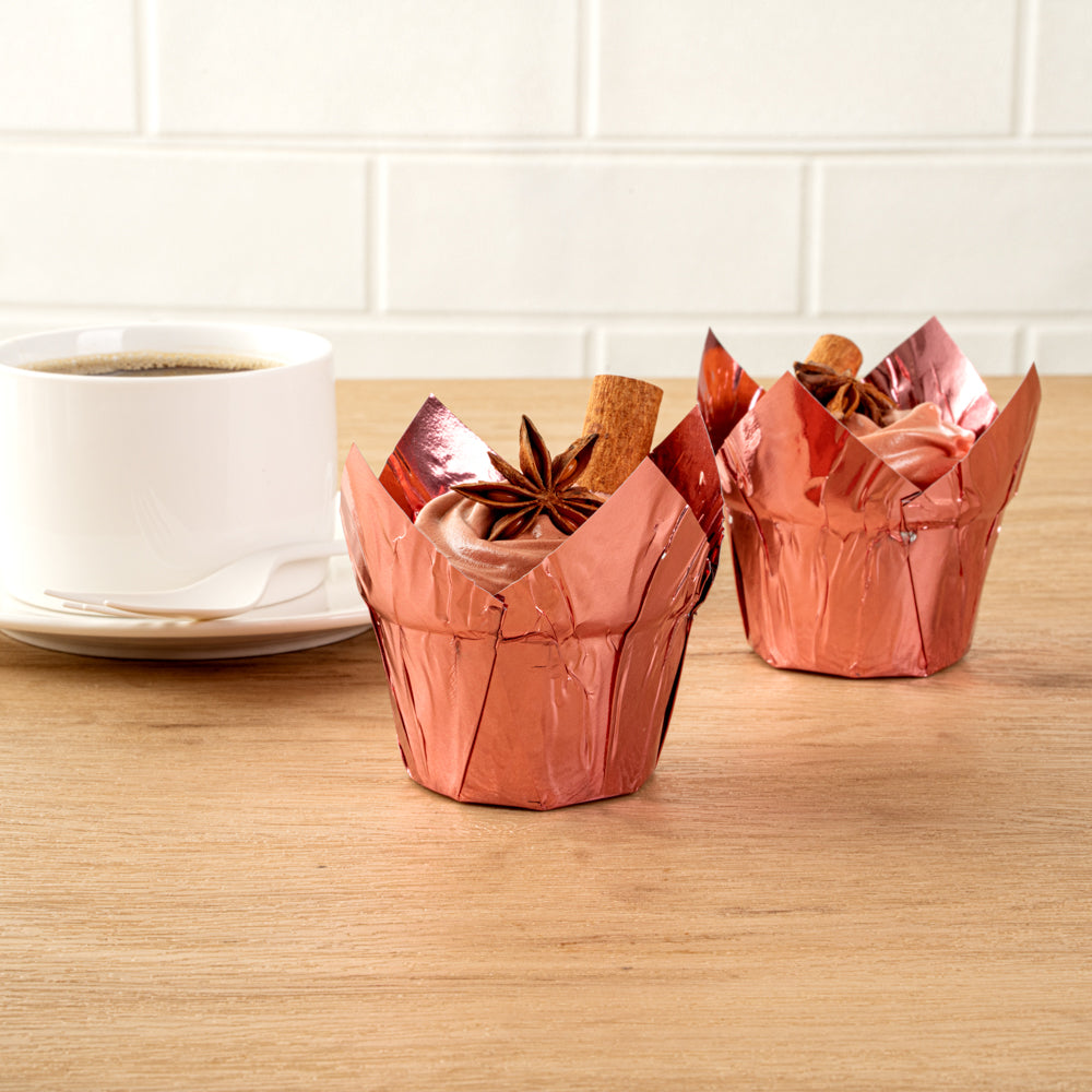 Panificio 3.9 oz Rose Gold Foil Paper Tulip Baking Cup - 3 1/4" x 3 1/4" x 2 3/4" - 50 count box
