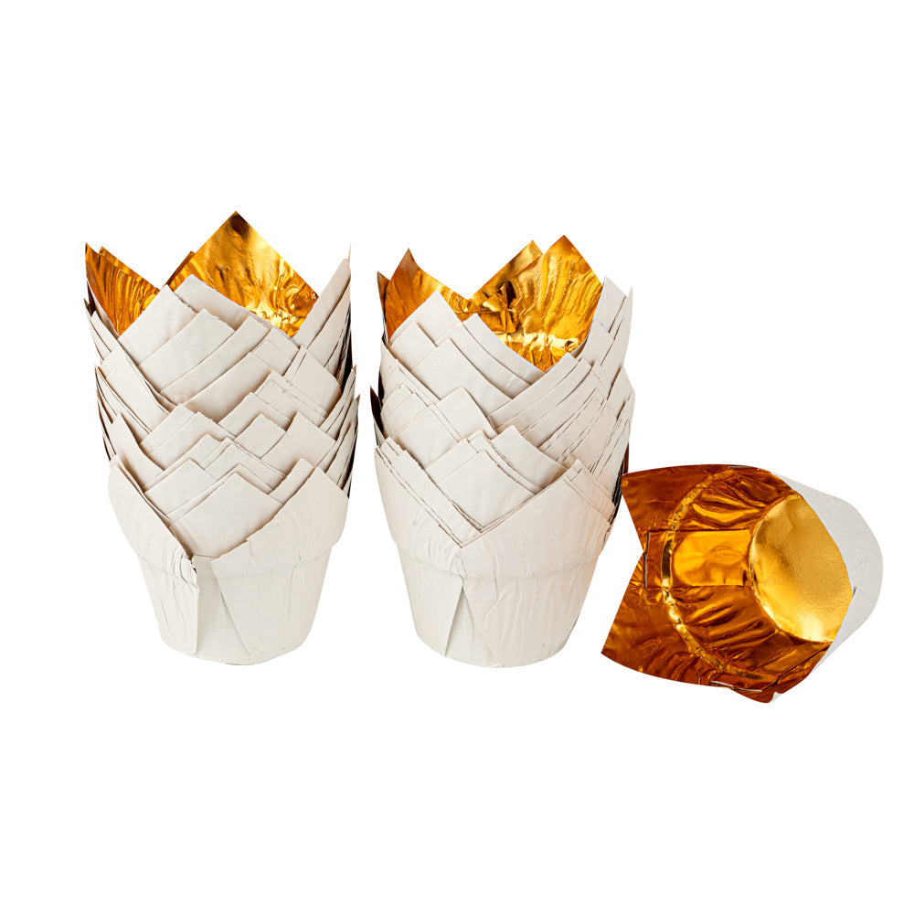 Panificio 3.9 oz White Foil Paper Tulip Baking Cup - 3 1/4" x 3 1/4" x 2 3/4" - 50 count box