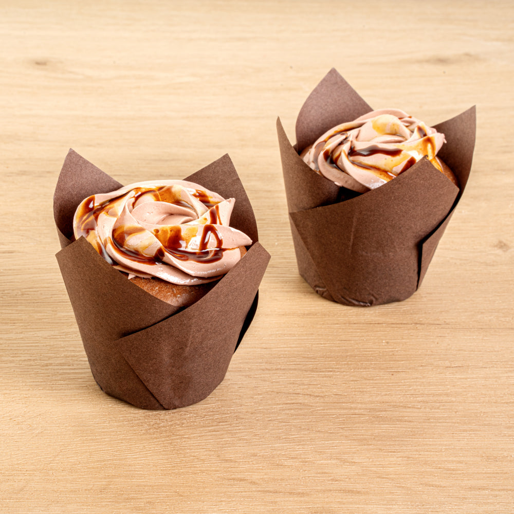 Panificio 3.5 oz Brown Paper Tulip Baking Cup - Greaseproof - 3 1/4" x 3 1/4" x 3 1/4" - 50 count box
