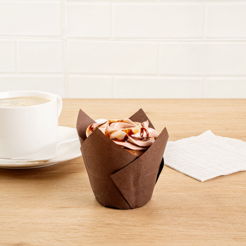 Panificio 3.5 oz Brown Paper Tulip Baking Cup - Greaseproof - 3 1/4" x 3 1/4" x 3 1/4" - 50 count box