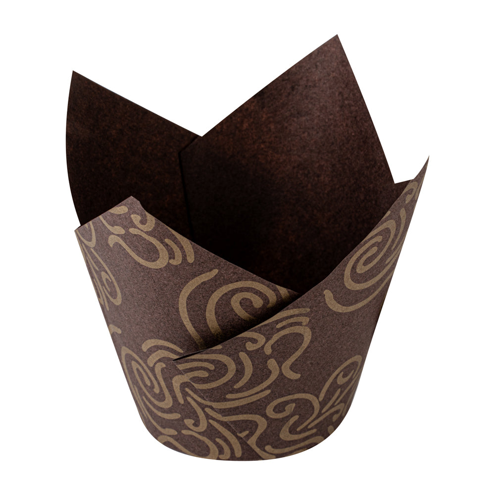 Panificio 3.5 oz Brown Paper Floral Tulip Baking Cup - Greaseproof - 3 1/4" x 3 1/4" x 3 1/4" - 50 count box