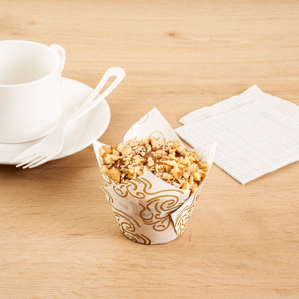 Panificio 3.5 oz White Paper Floral Tulip Baking Cup - Greaseproof - 3 1/4" x 3 1/4" x 3 1/4" - 50 count box